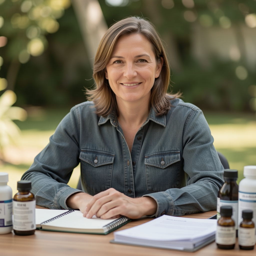 Editorial portrait of the Orafe studio founder seated at a work desk surrounded by formulation notebooks and ingredient reference documents