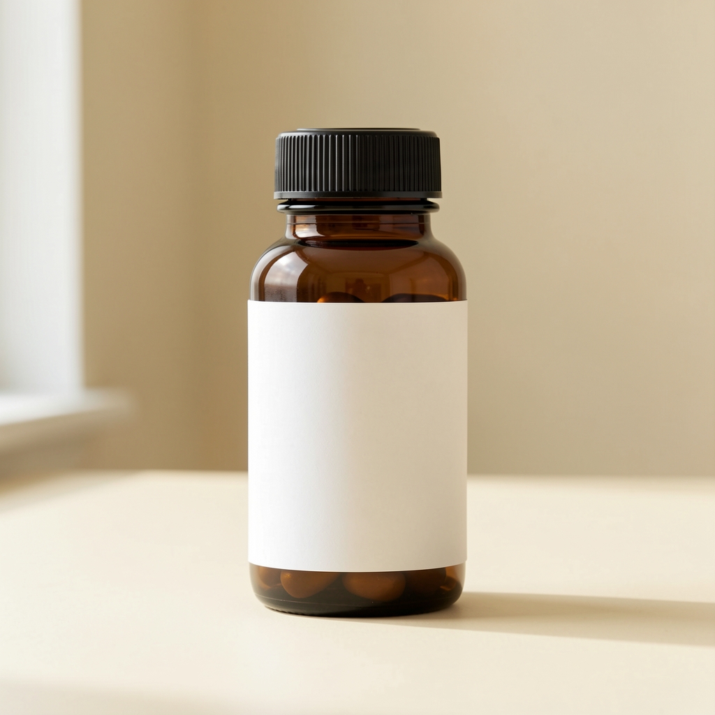 Single dark amber supplement bottle labeled Orafe Daily Complex standing upright on a clean cream-coloured surface with soft natural window light
