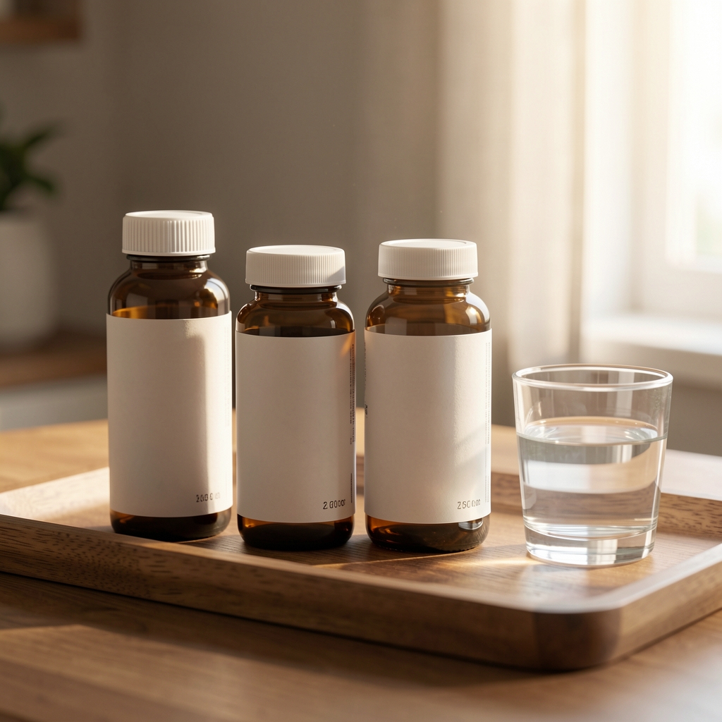 Two Orafe supplement bottles placed side by side on a wooden tray with a small glass of water and morning light entering from the right