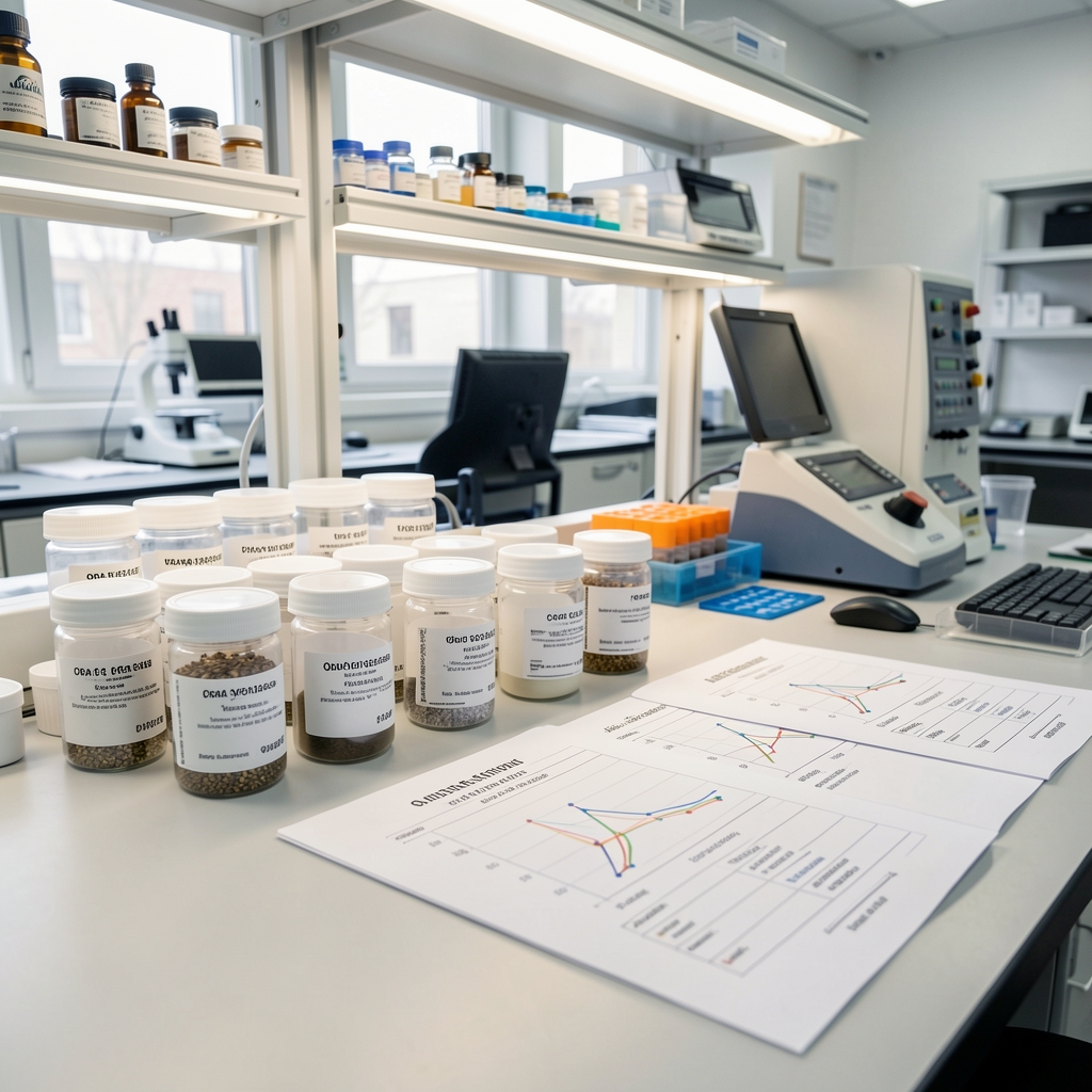 Quality-control bench in the Orafe verification facility showing batch-coded containers and elemental analysis printouts under bright workspace lighting