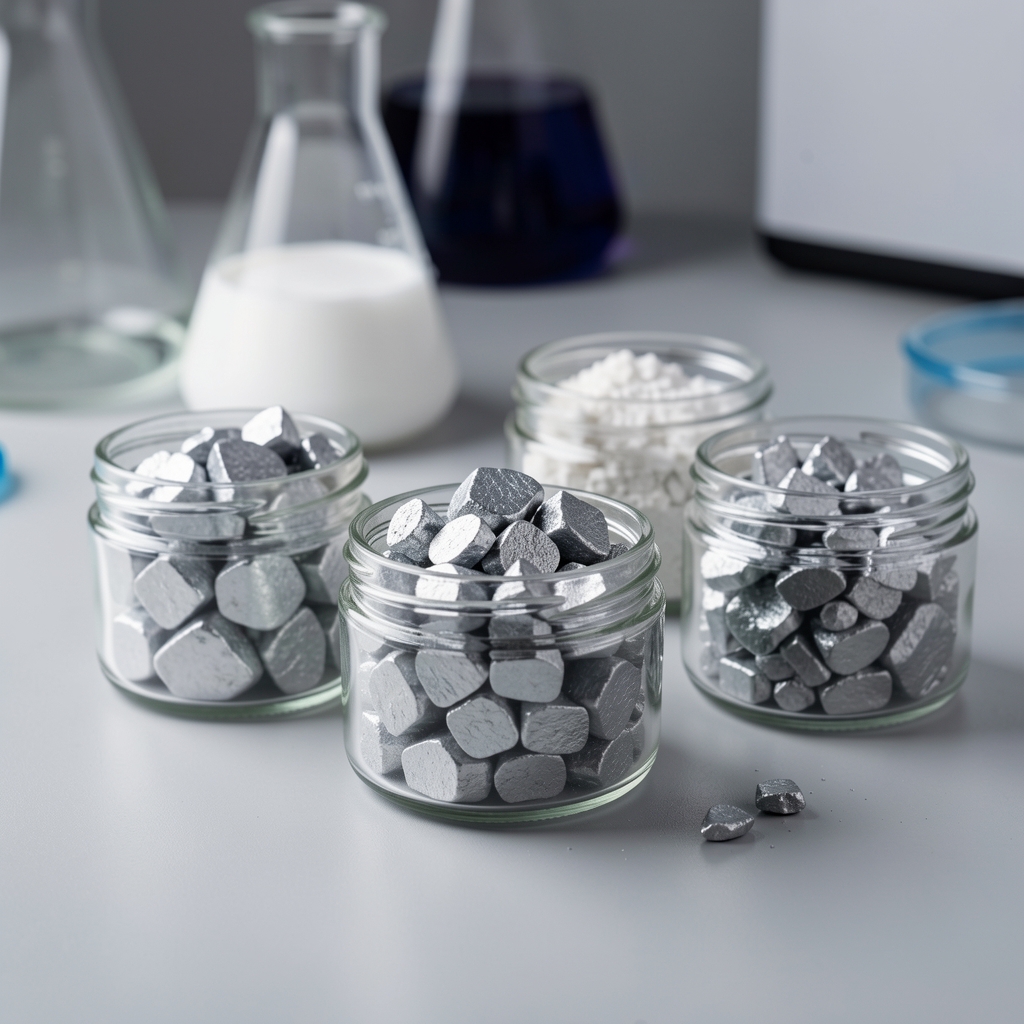 Close-up of raw zinc and magnesium mineral ingredients in small glass containers arranged on a lab table under controlled studio lighting