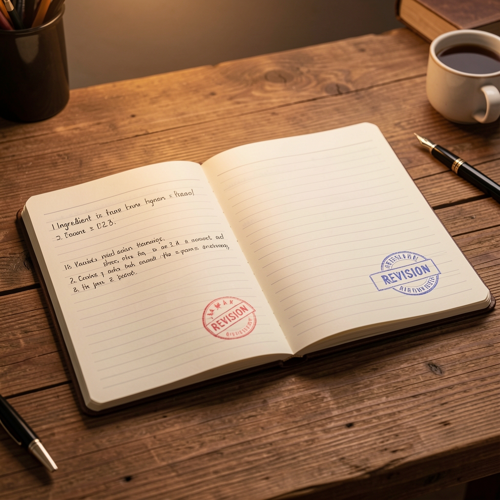 Open formulation notebook with ingredient ratio notes and revision stamps on a wooden desk in a warm-lit studio environment